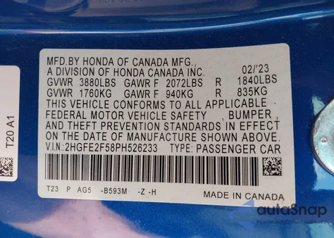 2023 Honda Civic Sport from USA, damaged, VIN 2HGFE2F58PH526233